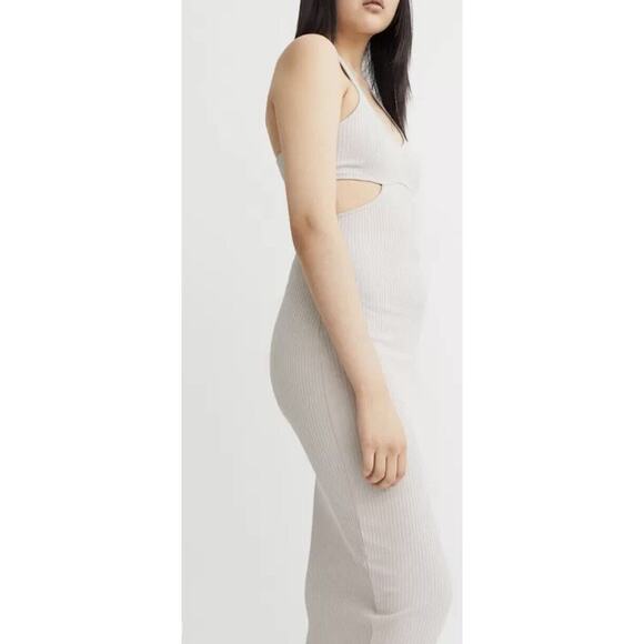 Divided H&M Beige Ribbed Halterneck Dress Sz XS Midi Fitted Open Back V-Neck NEW - Picture 5 of 12